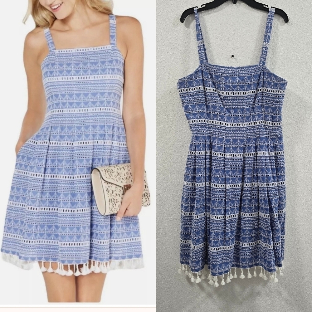 Vince Camuto Blue Sleeveless Tassle Trim  100% Cotton Sundress Womens Size 12